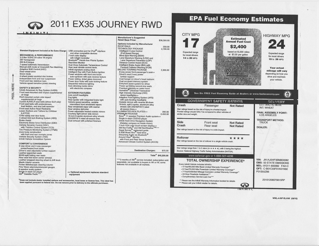 infiniti ex35 window sticker