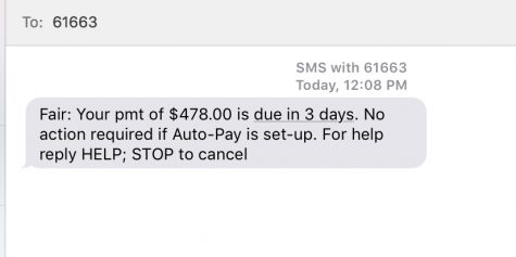 A text reminder to pay my bill from the fair car lease app