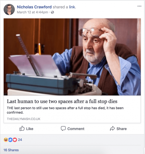 A facebook share of an article about two spaces after a full stop ie. period