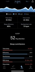 This is a screen grab from the oura ring app on the iPhone. It gives a sleep score of 52 with three hours and 15 minutes of sleeping for hours and 30 minutes in bed 85% sleep efficiency and a resting heart rate of 73 BPM